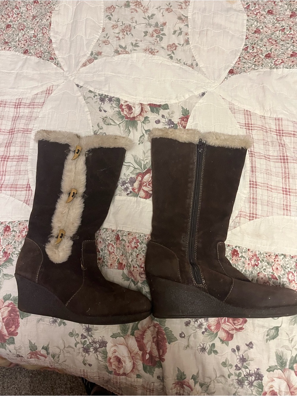 Mudd Brown Faux Fur Trim Wedge Boots
